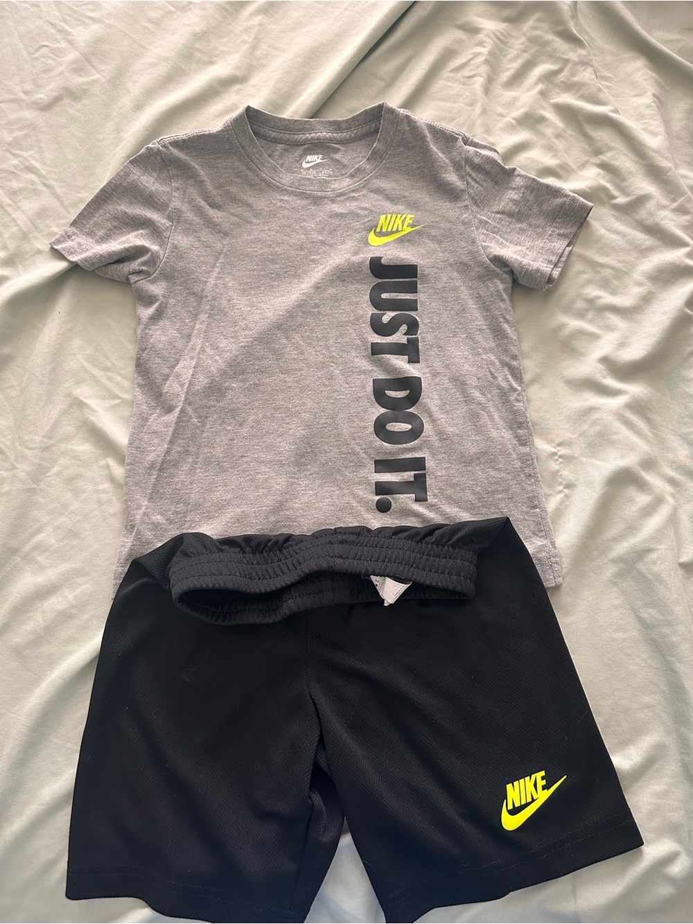 Nike Kids Gray and Black 'Just Do It' Tee & Black Shorts Set with Neon Accents